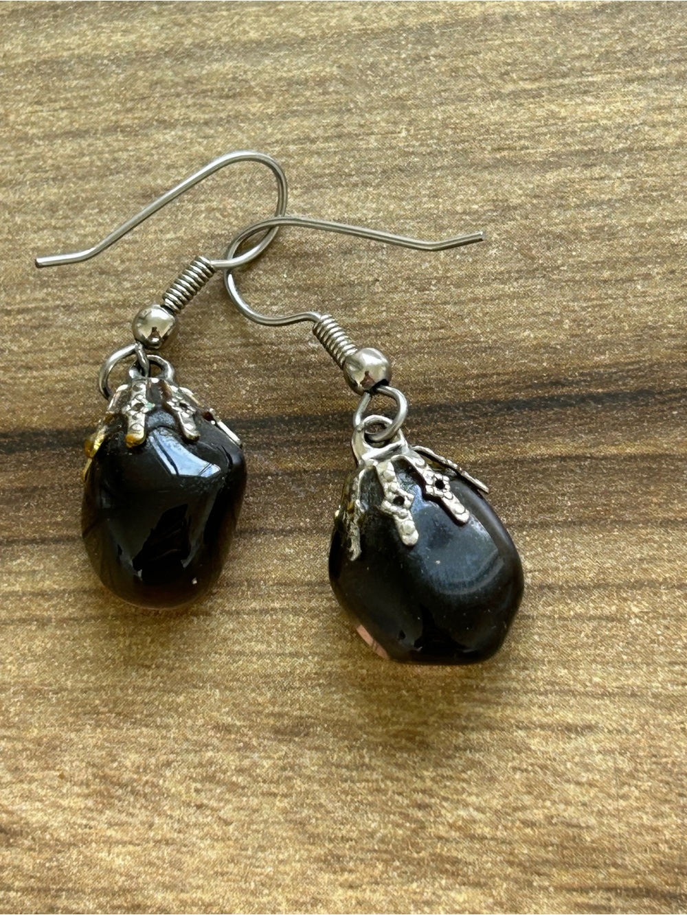 Handmade Black Glass Drop Earrings with Silver Accents